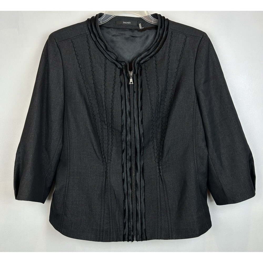 Tahari Blazer Womens 12 Black Zip Jacket Collarless Comfort Career Office